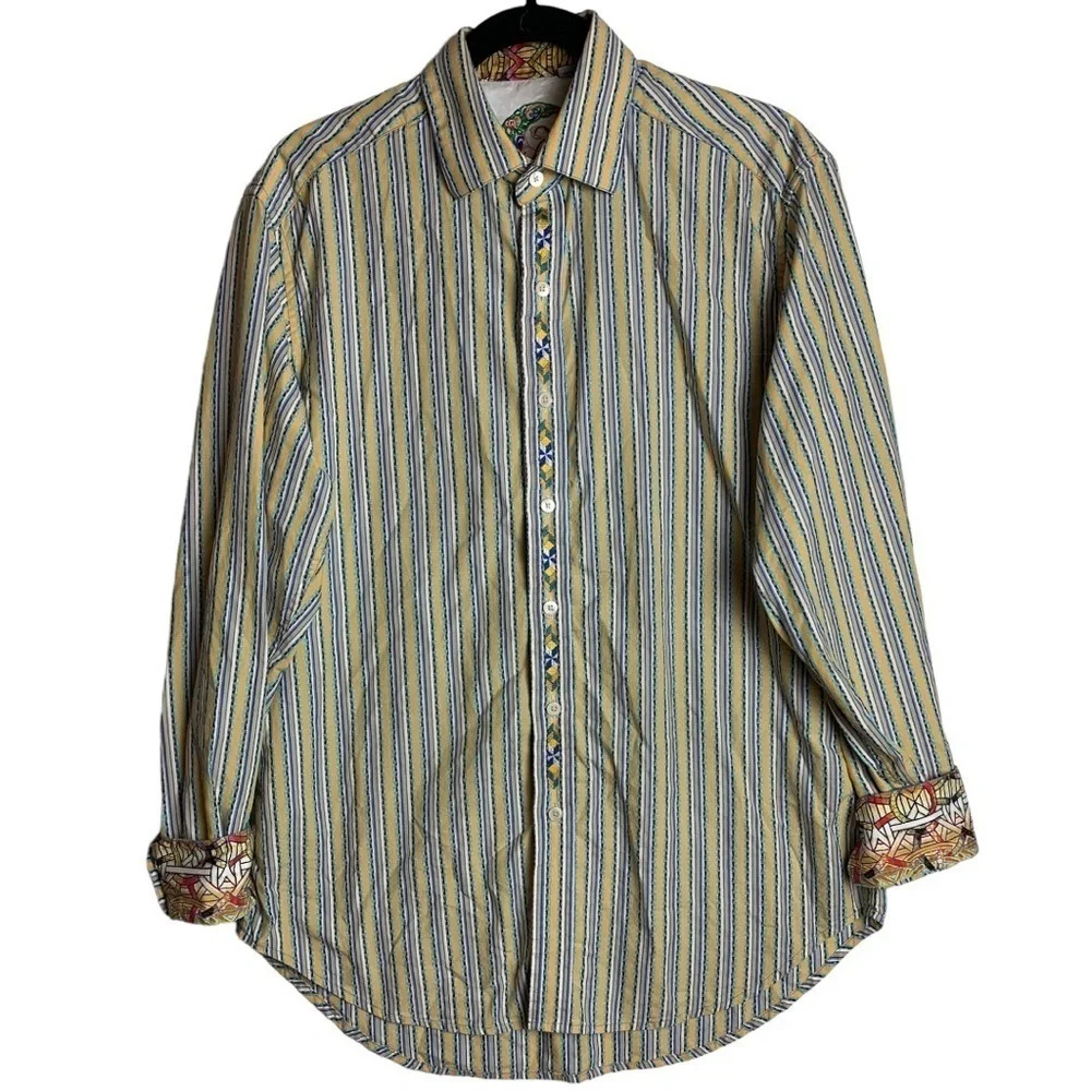ROBERT GRAHAM  Men’s Contrast Cuff Silk Blend Button Front Striped Shirt Size M
